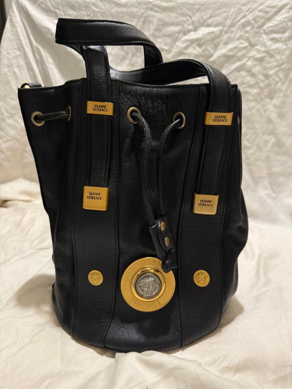 Gianni Versace Medusa Leather Drawstring Bucket Bag Black Vintage 1990s